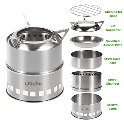 Camping Stove, Ohuhu Rocket Stove Camping Stainless Steel Lightweight Stove Wood Alcohol Stove Portable Outdoor Cooking Picnic BBQ Hiking with Mesh Bag
