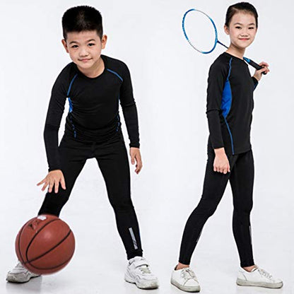 BUYKUD Kids' Girls Boys Long Sleeve Athletic Base Layer Compression Underwear Shirt & Tights Set Unisex, Blue, Label Size: 30