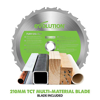 - Evolution Power Tools F210SMS Sliding Mitre Saw | Multi-Material Cutting | 45 Degree Bevel | 50 Degree Mitre | 230 mm Slide | 1200 W | 230 V -