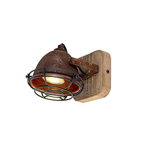 - Qazqa | Industrial Spotlight Ceiling | Rust Brown with Wood | Tiltable -