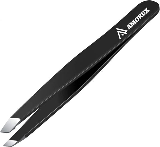 Amorux Tweezers for facial hair women & men Professional Stainless Steel black color coated precision tweezers Slanted & Pointed Tip eyebrow tweezers for Ingrown Hair tweezers