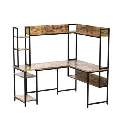 CubiCubi L-Shaped Desk with Hutch, 150x120x144 cm Corner Computer Desk, Large Home Office Desk with Bookshelf and Storage Shelves, Space-Saving, Rustic Brown