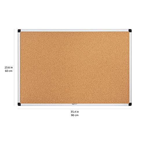 Amazon Basics Aluminum Frame Cork Notice Rectangular Board, 90cm x 60cm, Silver