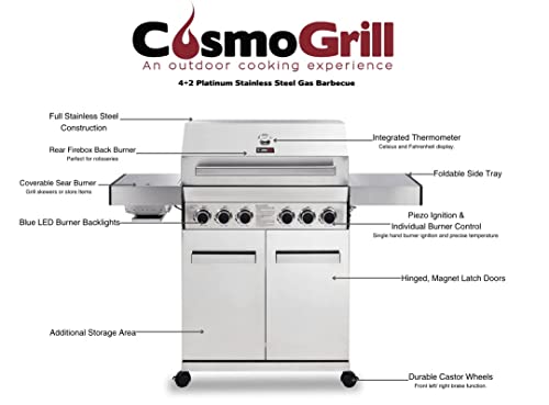 CosmoGrill Platinum Stainless Steel 6 Gas Burner 4+2 Barbecue Grill with Infrared Searer & Back Burner, Built-in Temperature Gauge for Home Garden Party Outdoor BBQ Cooking