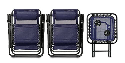 Amazon Basics Zero Gravity Alloy Steel Chair with Side Table For Relaxing, Cup Holders,Reclining,Foldable, Set of 2, Blue