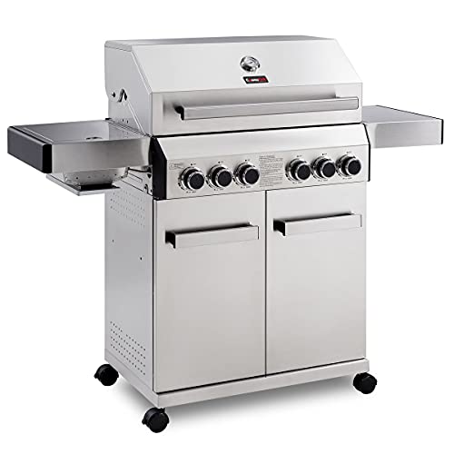 CosmoGrill Platinum Stainless Steel 6 Gas Burner 4+2 Barbecue Grill with Infrared Searer & Back Burner, Built-in Temperature Gauge for Home Garden Party Outdoor BBQ Cooking