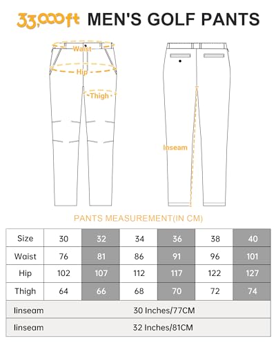 33,000ft Men's Golf Trousers Lightweight Golf Pants Stretch Quick Dry Breathable Work Causual Pants for Golfing with Pockets Grey 34W *30L