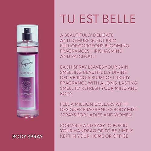 Designer Fragrances 3 Pack Tu Est Belle Bundle - Women's Feminine Body Mist Spray Bottles - For Silky Soft, Beautifully Smelling Divine & Fresh Skin, Revitalizing, Hydrating - Great Gifts - 250ml