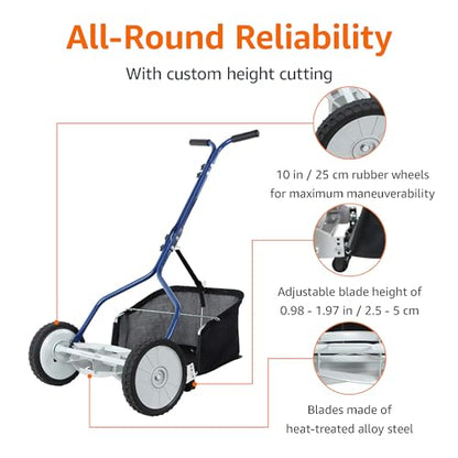 Amazon Basics Push Reel Lawn Mower, 46cm 5-blade with grass catcher, Blue