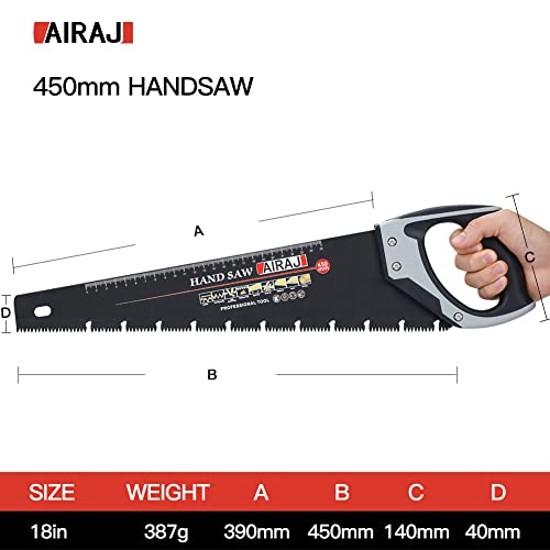 AIRAJ 450MM Hand Saw, 8TPI Fine Cutting Heavy Duty Pruning Saw, Unique Ω Type Chip Flutes, Comfortable Non-Slip Handle, Professional Pruning Saw for Garden Trimming