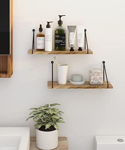 Afuly Rustic Floating Shelves Wooden for Wall Mounted with Metal Brackets Wood Storage Shelf for Bathroom Kitchen Bedroom Living Room Office Decorative Home Accessories, Set of 2
