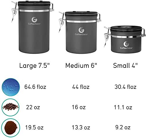 Coffee Gator Coffee Storage - Stainless Steel Tea and Sugar Containers - Canisters w/Date-Tracker, CO2 Valve for Freshness & Scoop - Small, Gray