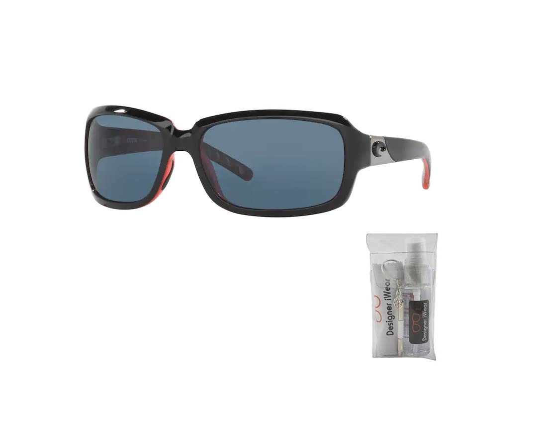 Costa Del Mar Isabela 6S9043 Pillow Sunglasses for Women + BUNDLE With Designer iWear Complimentary Eyewear Kit, 32 Black Coral / Gray 580p Plastic Polarized
