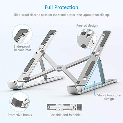 BoYata Laptop Stand, 6 Levels of Height Adjustable Portable Laptop Holder for Desk, Aluminum Foldable Laptop Riser, Compatible with MacBook Air/Pro, Dell, HP, Acer, Most 10-15.6” Laptops-Silver