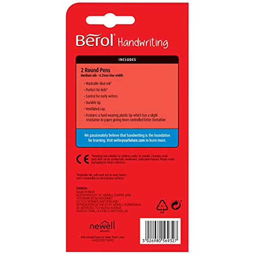 Berol Handwriting Pens | Round Shape is Easy to Hold | Washable Blue Ink | Bright Barrels | 2 Count