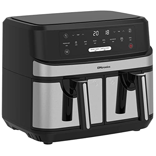 - EMtronics Dual Air Fryer | Extra Large Family Size | Double XL 9 Litre | 8 Adjustable Pre-Set Menus -