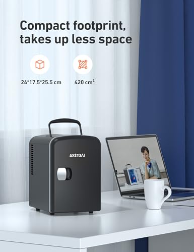 AstroAI Mini Fridge 4 Litre, 6 Can Portable AC+DC Power Cooler, for Bedrooms, Cars, Offices; Skincare, Makeup, Cosmetics, Food (Black)