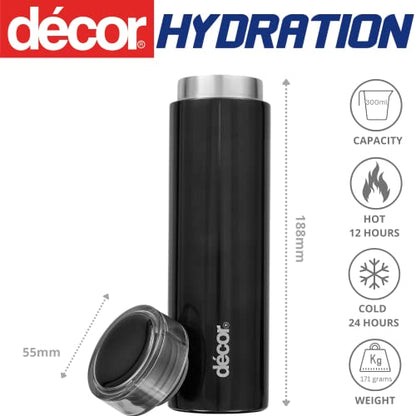 Décor Insulated Double Walled Thermal Flask, Stainless Steel BPA-Free Coffee Flask, Glossy Black Water Bottle, Leak-Proof Travel Beverage Flask Keeps Drinks Warm for 6 hrs and Cold for 12 hrs, 300ml
