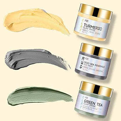 ANAiRUi Turmeric Clay Mask - Green Tea Detox Clay Mask - Dead Sea Minerals Mud Mask, Spa Facial Mask Set for Deeply Cleansing, Detoxing, Reducing Acne, Pores and Blackheads, 210g