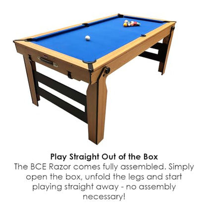 BCE Razor 5ft Rolling Lay Flat Folding Pool Table - Low Profile Design - Fully Assembled - 4 Way Wheel System - With Reversible Table Tennis Top & Accessories - Easy Storage