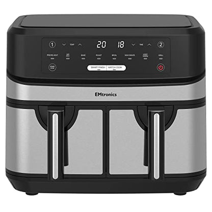 - EMtronics Dual Air Fryer | Extra Large Family Size | Double XL 9 Litre | 8 Adjustable Pre-Set Menus -