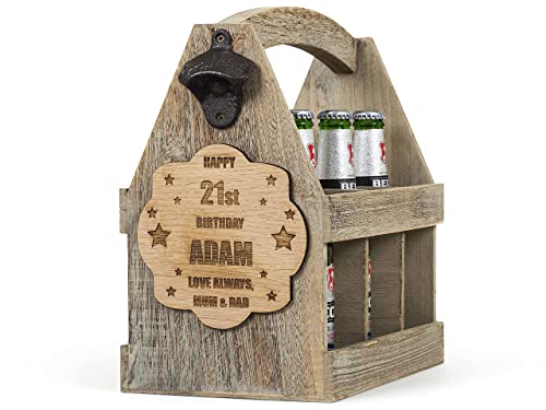 - Personalised Beer Crate with Bottle Opener | Vintage Wooden Beer Caddy -