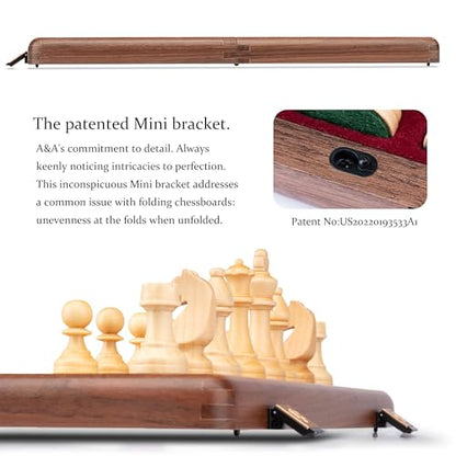 A&A 15 inch Wooden Folding Chess Set w/ 3 inch King Height Staunton Chess Pieces / 2 Extra Queens - Natural Walnut Wood
