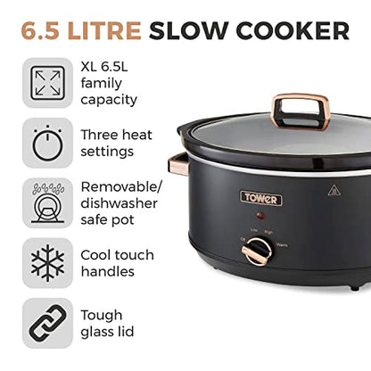 - Tower T16043BLK Cavaletto | 6.5 Litre Slow Cooker | 3 Heat Settings -