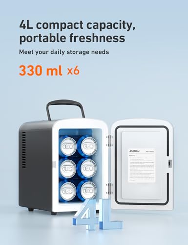 AstroAI Mini Fridge 4 Litre, 6 Can Portable AC+DC Power Cooler, for Bedrooms, Cars, Offices; Skincare, Makeup, Cosmetics, Food (Black)