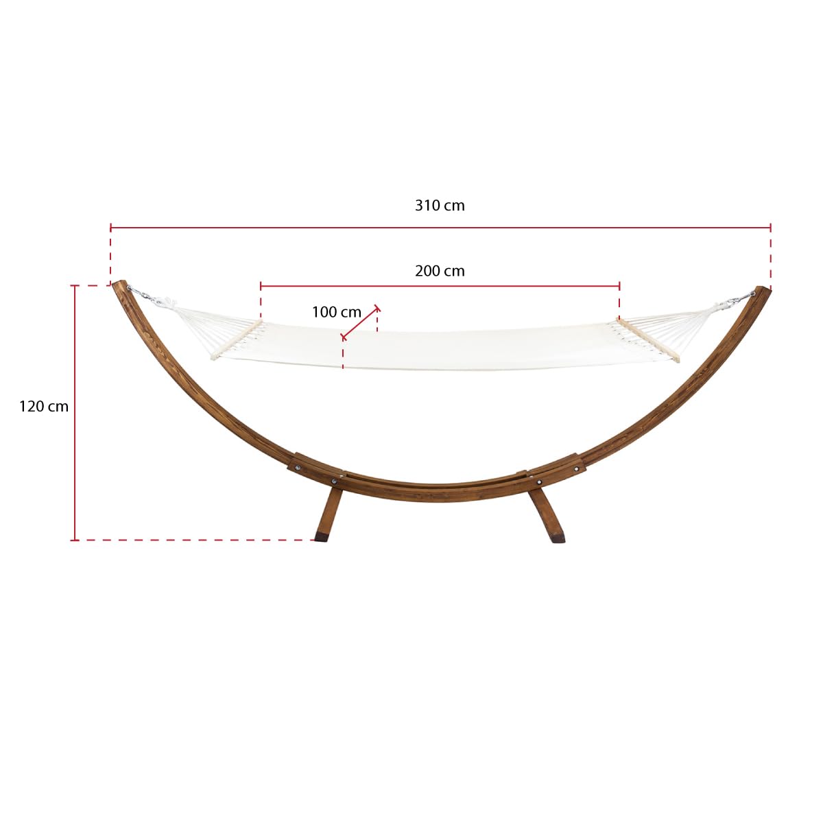 CHARLES BENTLEY Large 3M Hammock, With Larch Wooden Arc Stand, For One Person, Adjustable Hammock Height, In Cream, Free Standing, No Tree, Canvas Fabric, Swing Seat, Cotton, Polyester (310x129x120cm)