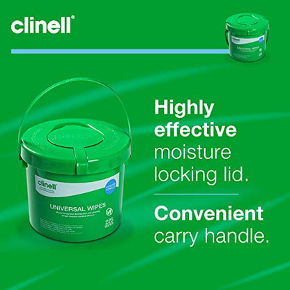 Clinell Universal Cleaning and Disinfectant Wipes Bucket - Pack of 225 - Multi Purpose Wipes, Kills 99.99% of Germs, Effective from 30 Seconds