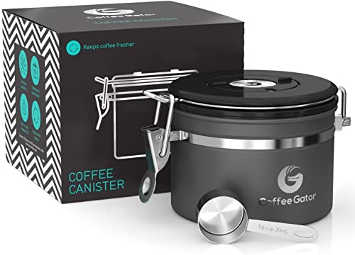 Coffee Gator Coffee Storage - Stainless Steel Tea and Sugar Containers - Canisters w/Date-Tracker, CO2 Valve for Freshness & Scoop - Small, Gray