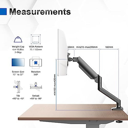 - GRIFEMA GB2003-1 Single Monitor Arm Desk Mount | 13" to 32" Screen | Gas Spring Single Monitor Stand -