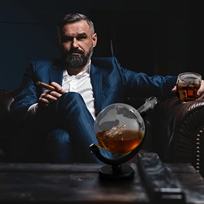 - Oak & Steel | 1500ml World Globe Whiskey Decanter Set -