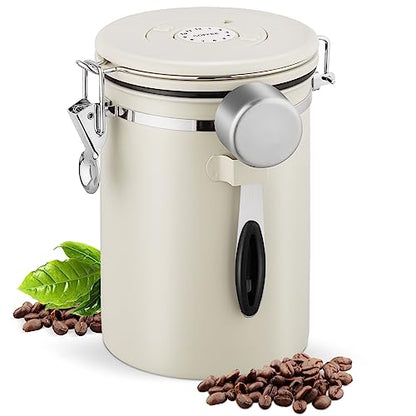 BEZORR 1800ML Airtight Coffee Canister, Stainless Steel Airtight Coffee with Date Tracker, CO2 Valve and Measure Spoon, Canister Kitchen Cereal Storage Jar for Beans/Tea/Sugar/Cereal