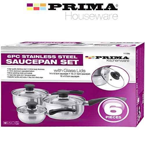 6 Pcs Stainless Steel Saucepan Essential Cookware Set with Glass Lids & Sturdy Handles Pot Prima Kitchen Cook Home Chef Cooking Sauce Pan Housewarming Gifts UK Free P&P