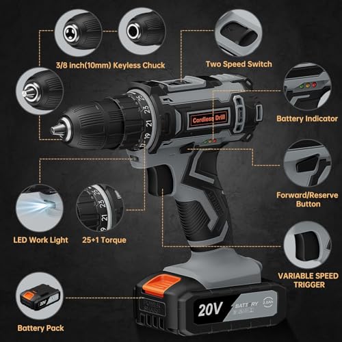 Acmaker Cordless Drill 20V, Battery Drill with 2 Batteries 2.0Ah, 42Nm Power Electric Drills Cordless, 25+1 Torque, 89 PCS Cordless Drill and Screwdriver Set, 2 Speed LED Light Combi Drill for DIY