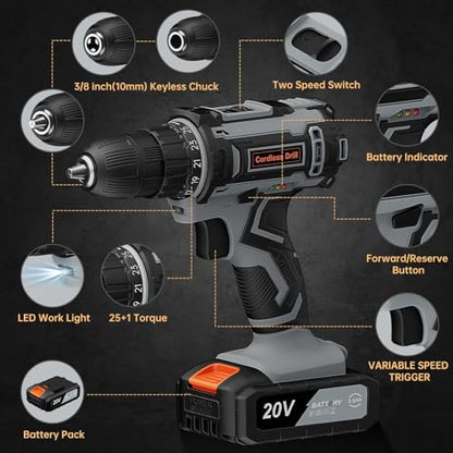 Acmaker Cordless Drill 20V, Battery Drill with 2 Batteries 2.0Ah, 42Nm Power Electric Drills Cordless, 25+1 Torque, 89 PCS Cordless Drill and Screwdriver Set, 2 Speed LED Light Combi Drill for DIY