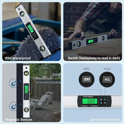 ALLmeter Digital Magnetic Level,Digital Spirit Level 16 inch 4 * 90°0-360°Spirit Level Inclinometer Angle Finder LCD Backlight Display IP54 Bubble for Carpentry,Building,Masonry,Automobile,Masonry
