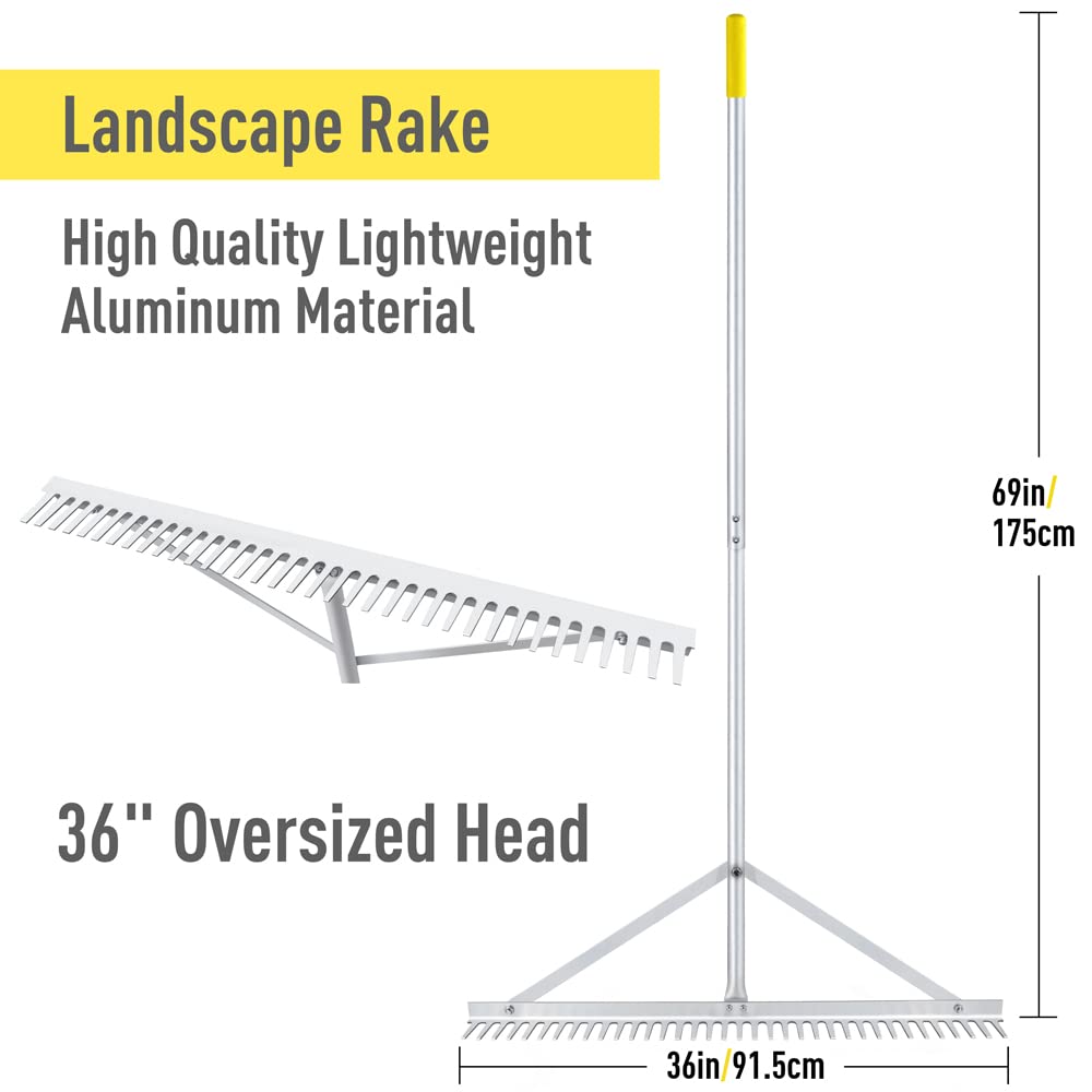 Byhagern Landscape Rake 36'', Aluminum Rake with Lightweight 69'' Handle, Landscaping Rake Tool for Lawn Care, Lake and Beach