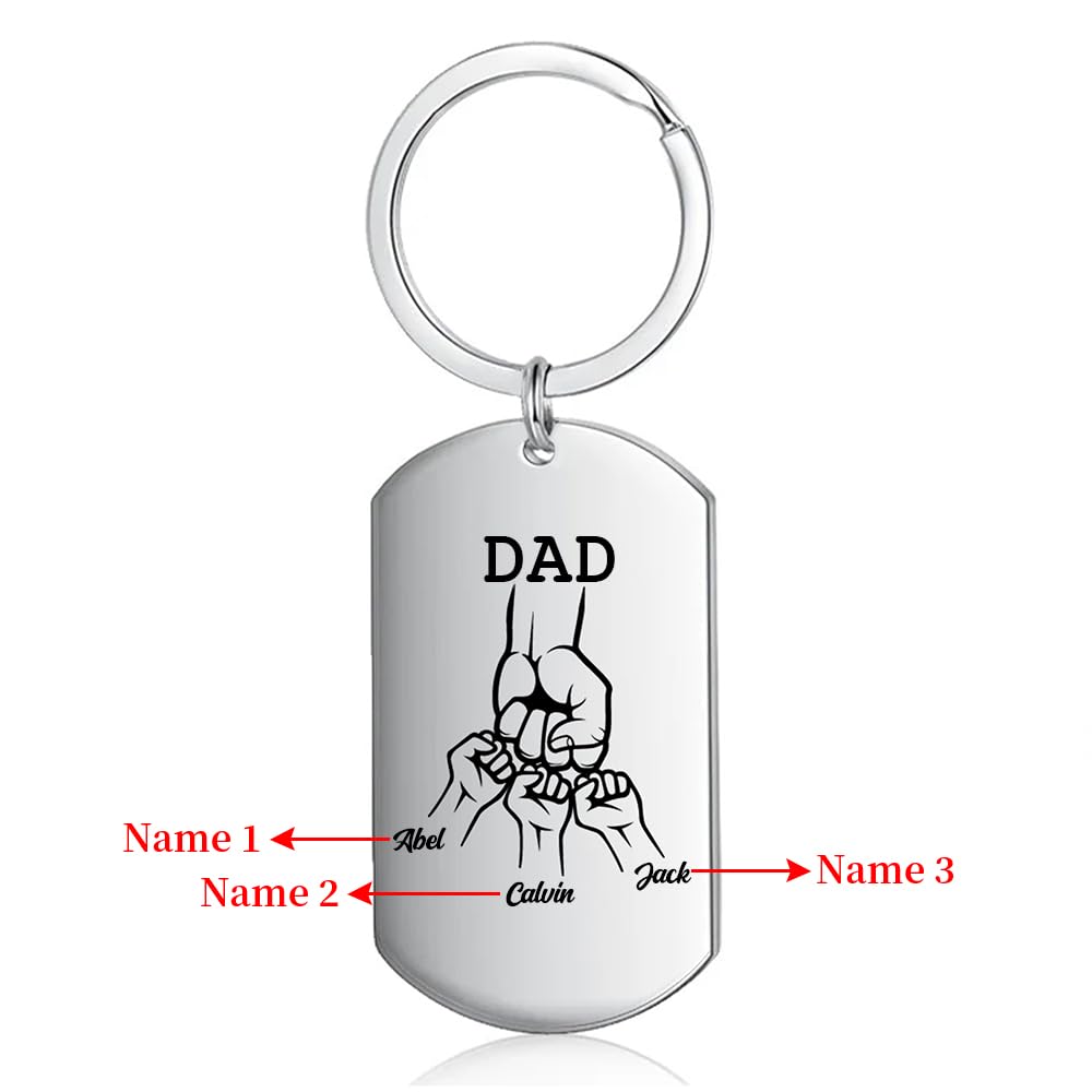 Dad Keyring Personalised with Names Photo Engraved Fathers Day keychain from Son and Daughter Gift for Christmas Birthday (3 names)