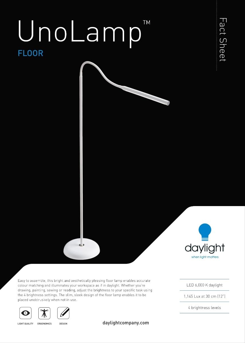 Daylight Company Unolamp Floor, Standing Lamp for Living Room, Bedroom, Salon, Office, Touch Control, Flexible Arm, Sleek Design, Multipurpose Use - White