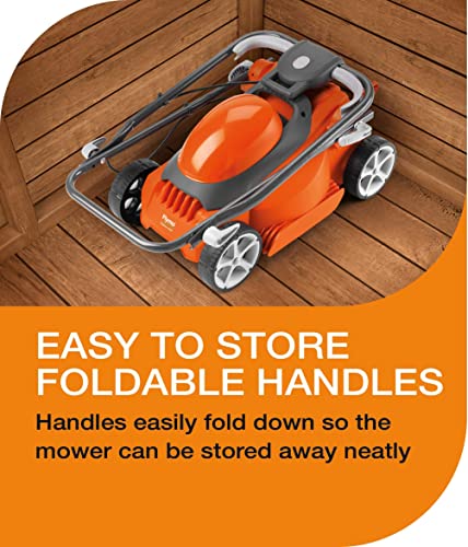 - Flymo EasiStore 340R Electric Rotary Lawn Mower | 34 cm Cutting Width | 35 Litre Grass Box | Close Edge Cutting | Rear Roller | Central Height Adjust -