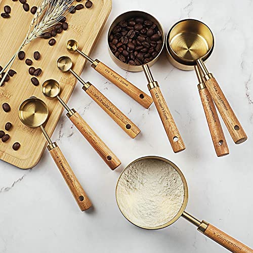 Cuteefun Measuring Cups and Spoons Set of 8, Wooden Handle, with Metric and US Measurements, Premium Stainless Steel, Gold Polished Finish, Dry & Liquid Measuring Cup, for Cooking and Baking