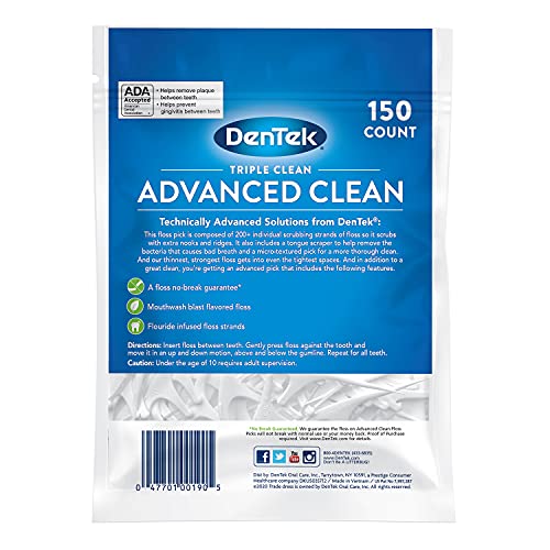 DenTek Triple Clean Mint Flavoured and Fluoride coated Advanced Dental Floss Picks with 3 cleaning actions - 150 Pack