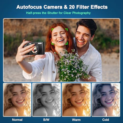 4K Digital Camera,48MP Autofocus Video Camera with 32G Card, 2.7'' 180°Flip Screen Vlogging Camera for Youtube 16X Digital Zoom with Flash, Rechargeable Compact Camera for Teens Beginners Adults
