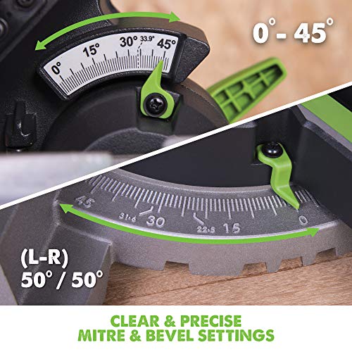 - Evolution Power Tools F210SMS Sliding Mitre Saw | Multi-Material Cutting | 45 Degree Bevel | 50 Degree Mitre | 230 mm Slide | 1200 W | 230 V -