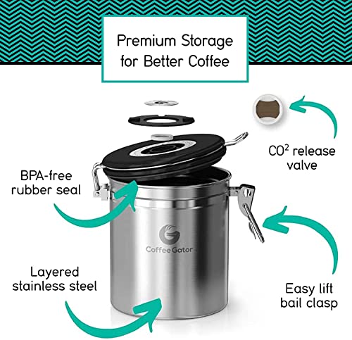 Coffee Gator Coffee Storage - Stainless Steel Tea and Sugar Containers - Canisters w/Date-Tracker, CO2 Valve for Freshness & Scoop - Small, Gray