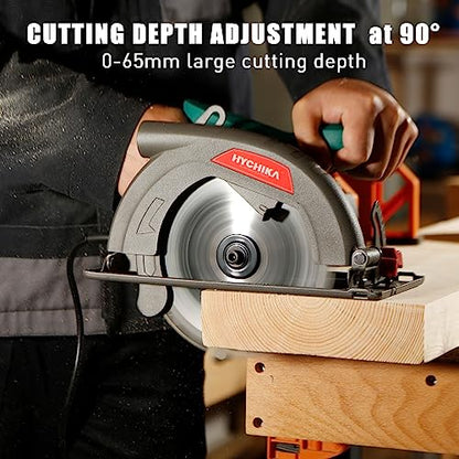 Circular Saw, 1300W HYCHIKA Electric Saw 4500RPM, High Power Motor, 24T Blade(185mm), Cutting Depth 65mm (90º), 45mm (45º), Safety Switch, Dust Extraction, for Wood/Plastic Cutting