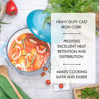 Cast Iron Pot with Lid – Non-Stick Ovenproof Enamelled Casserole Pot, Oven Safe up to 500° F – Sturdy Dutch Oven Cookware – Blue, 5-Quart, 24cm – by Nuovva